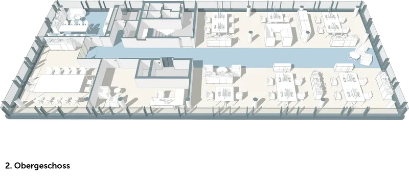 Eine detaillierte 3D-Ansicht eines modernen Bürolayouts mit verschiedenen Arbeitsbereichen und Besprechungsräumen.
